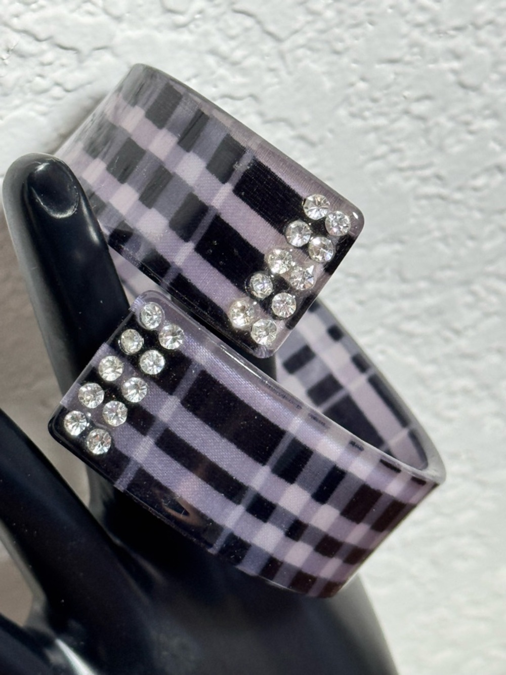 Vintage Plaid Lucite Bangle Bracelet with Crystal Rhinestones